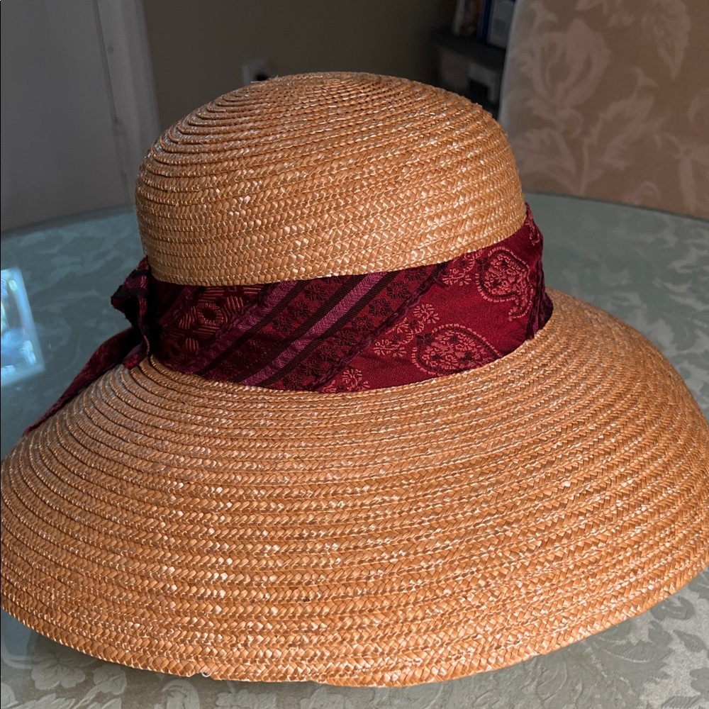Straw Sun Hat with Burgundy Scarf Accent